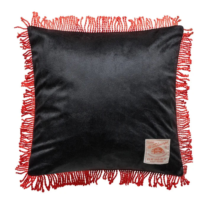Peking Camp Wandawega 18x18 elk pillow in black velvet with red fringe, beige label—ideal decorative lodge accent.