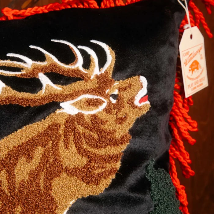 Peking Camp Wandawega Elk Pillow 18x18 with needle punch elk embroidery, orange fringe, corner tag—stylish cabin decor.