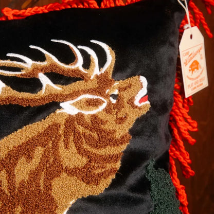 Peking Camp Wandawega Elk Pillow 18x18 with needle punch elk embroidery, orange fringe, corner tag—stylish cabin decor.