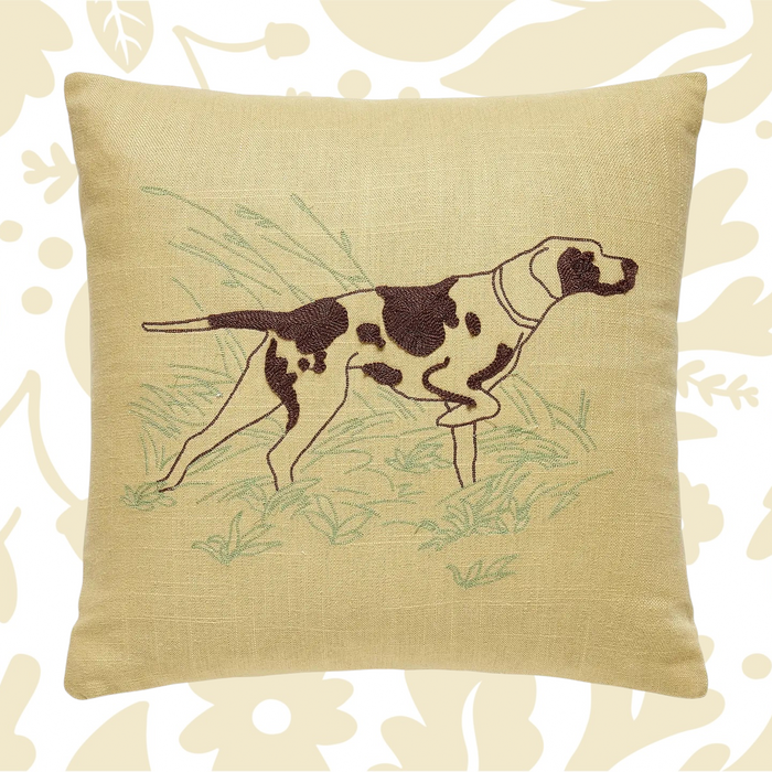 Camp Wandawega Pointer chainstitched pillow with brown and black dog, perfect for rustic cabin or camp-themed home decor accents.