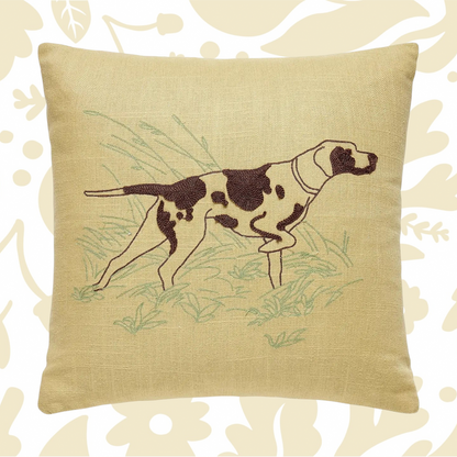 Camp Wandawega Pointer chainstitched pillow with brown and black dog, perfect for rustic cabin or camp-themed home decor accents.