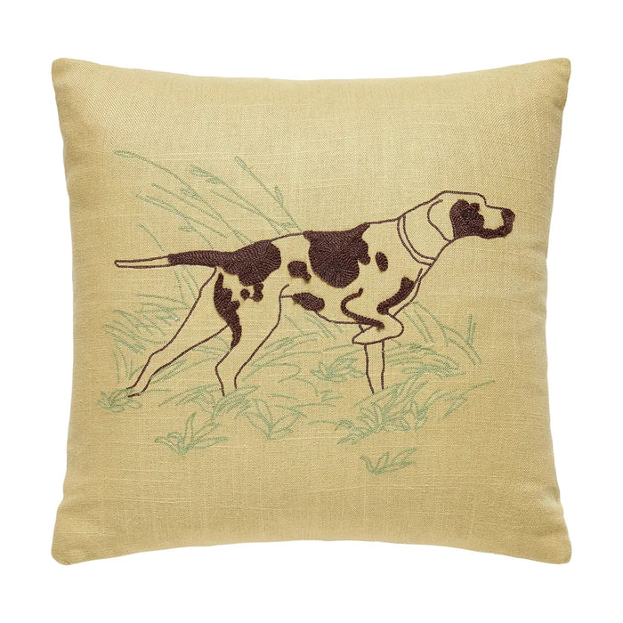 Forager Provisions LTD Camp Wandawega square linen pillow featuring a vintage chainstitched pointer dog embroidery.