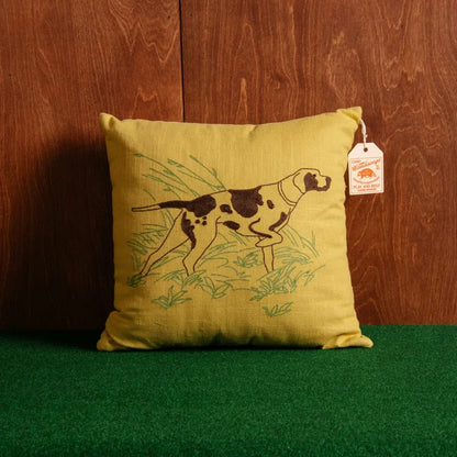 Peking Camp Wandawega Pointer Pillow features yellow spotted dog in grass, perfect for rustic camp decor or vintage cabin style.