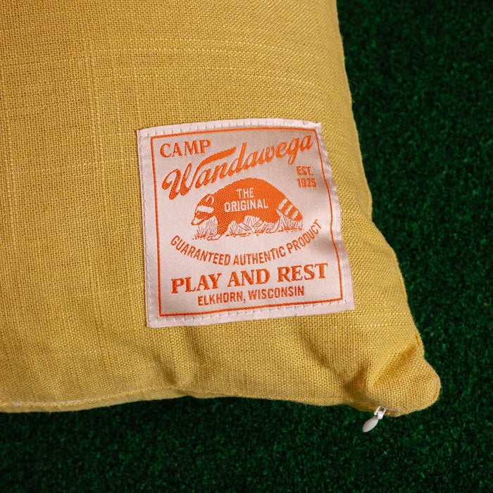 Peking Camp Wandawega Pointer pillow with vintage chainstitched embroidery and retro camp patch, cozy rustic cabin decor.