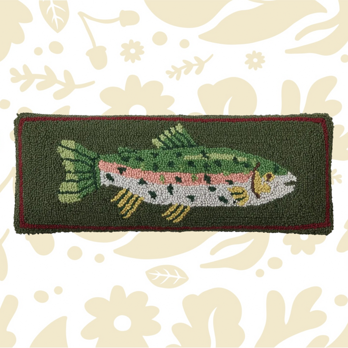 Peking Camp Wandawega Trout Hook Pillow 8x22—green fish, pink and yellow accents, perfect rustic cabin or lodge décor pillow.