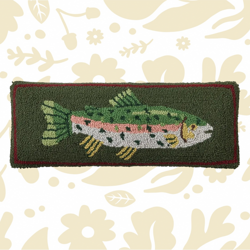 Peking Camp Wandawega Trout Hook Pillow 8x22—green fish, pink and yellow accents, perfect rustic cabin or lodge décor pillow.