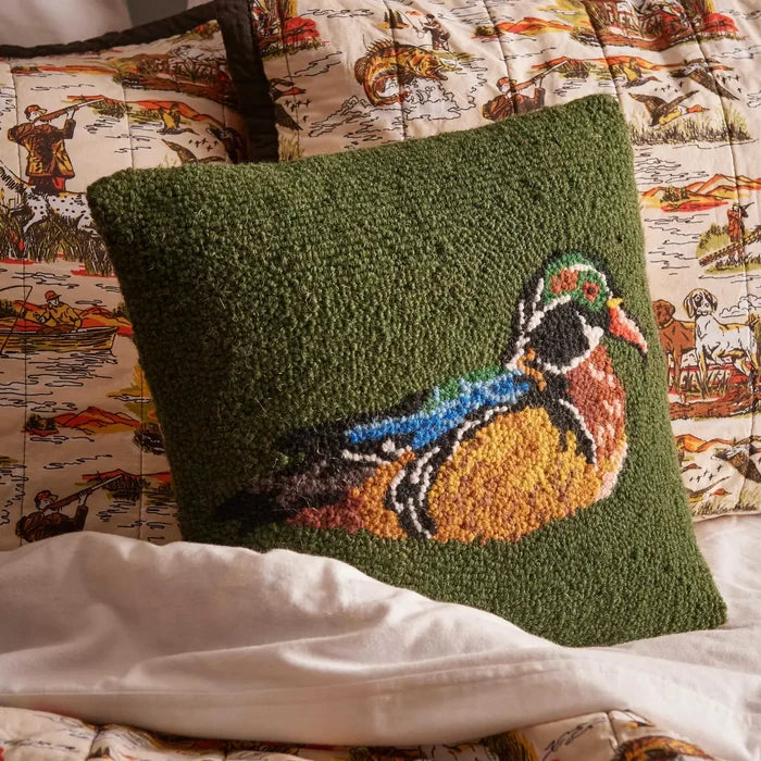Peking Camp Wandawega Wood Duck Hook Pillow 14x14 adds rustic lodge style and outdoor-themed charm to any bedding or bedroom décor.