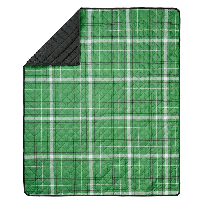 Forager Provisions LTD Camp Wandawega x Peking Handicraft green plaid outdoor picnic blanket with black quilted backing.