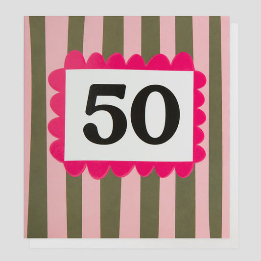 Caroline Gardner Pink & Khaki Stripe 50th Greetings Card