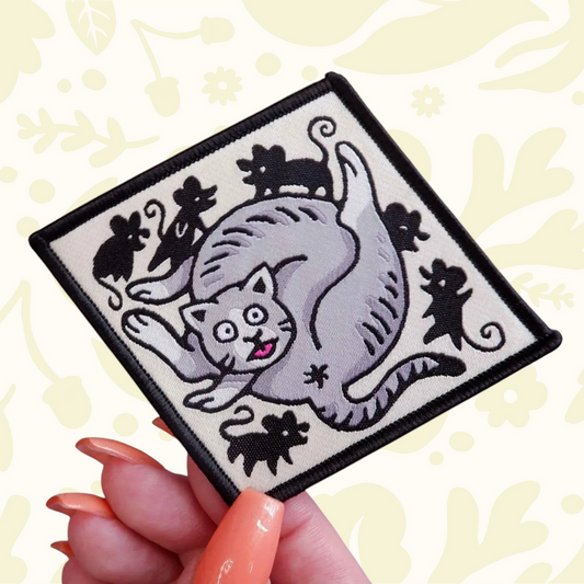 Forager Provisions LTD Cat Coven Butt Licker embroidered patch featuring a grey cat and black mice on a square base.