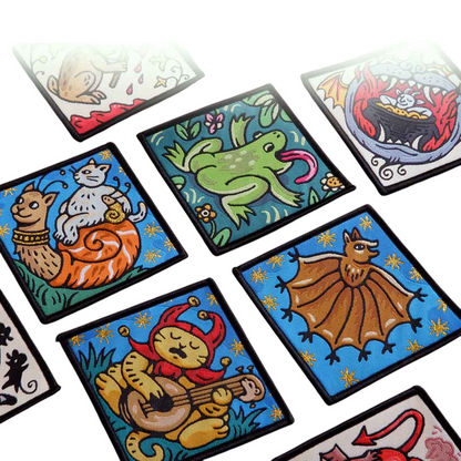 Forager Provisions LTD Cat Coven embroidered patches featuring whimsical cat, frog, and bat designs on a patterned base.