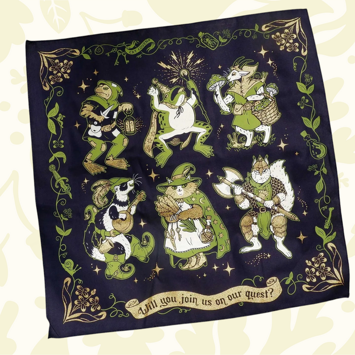 Forager Provisions LTD Cat Coven cotton bandana featuring whimsical fantasy animal illustrations in gold and green.