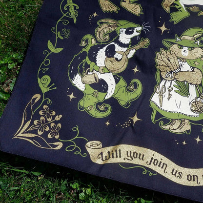 Forager Provisions LTD Cat Coven cotton bandana featuring whimsical fantasy animal artwork in green and gold on black.