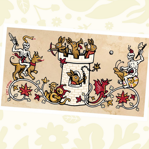 Forager Provisions LTD Cat Coven art print featuring a whimsical medieval battle scene with skeletons and rabbits.