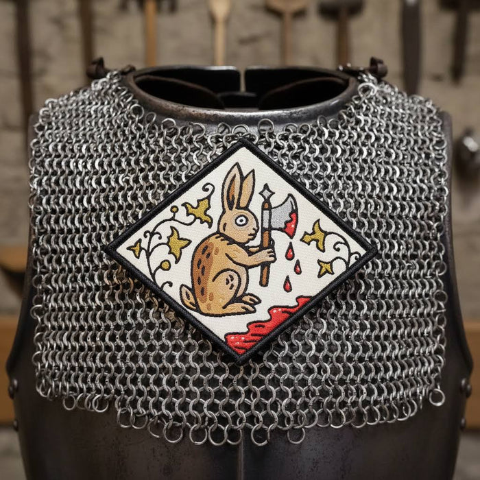 Forager Provisions LTD Cat Coven woven patch featuring a medieval rabbit with an axe on chainmail armor