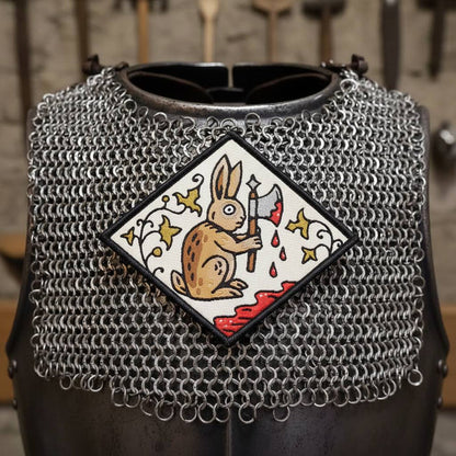 Forager Provisions LTD Cat Coven woven patch featuring a medieval rabbit with an axe on chainmail armor