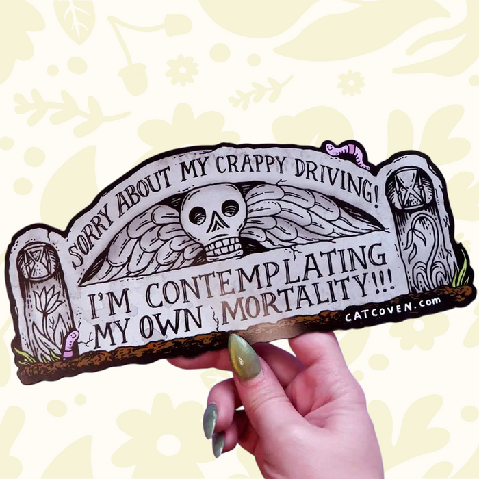 Forager Provisions LTD Cat Coven Mortality car magnet featuring a tombstone design with a skull and gothic text.