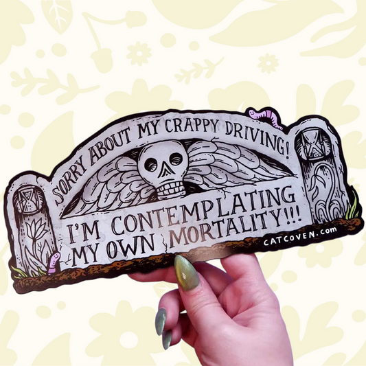 Forager Provisions LTD Cat Coven Mortality car magnet featuring a tombstone design with a skull and gothic text.