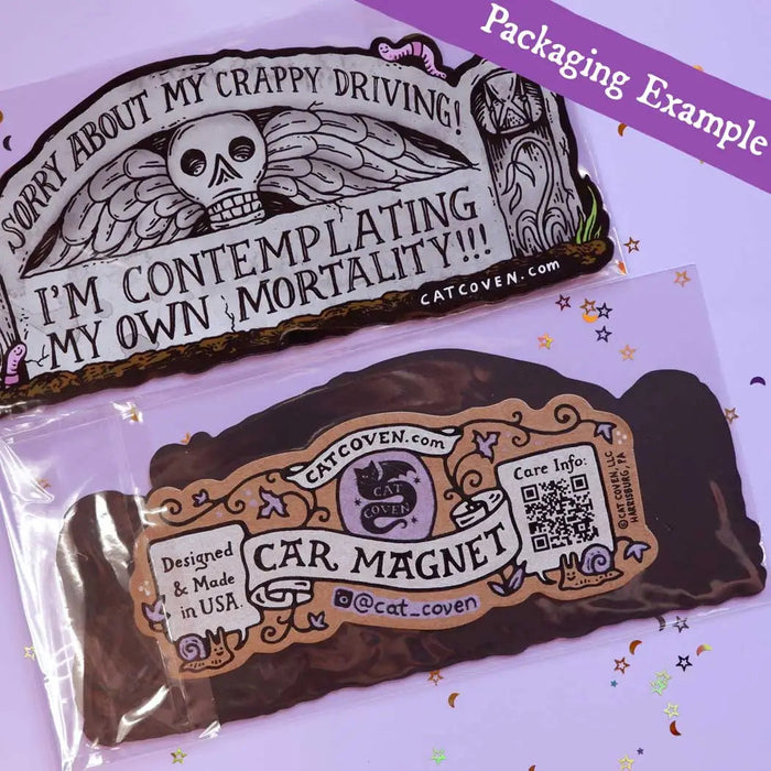 Forager Provisions LTD Cat Coven Mortality car magnet with a gothic skull design and humorous text in packaging.
