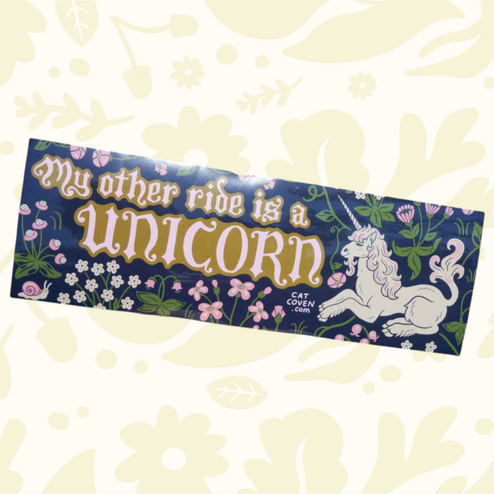 Forager Provisions LTD Cat Coven vinyl bumper sticker featuring a unicorn and floral design with whimsical text.