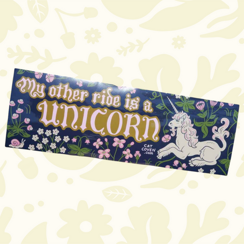 Forager Provisions LTD Cat Coven vinyl bumper sticker featuring a unicorn and floral design with whimsical text.