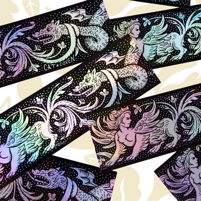 Holographic Cat Coven Sphinx VS Dragon Sticker with winged lion, female figure on black background, fantasy gothic art.