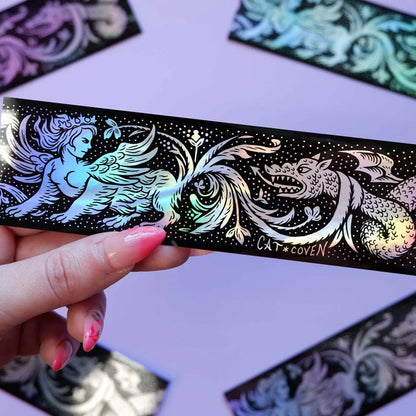 Forager Provisions LTD Cat Coven holographic vinyl sticker featuring a detailed sphinx and dragon illustration.