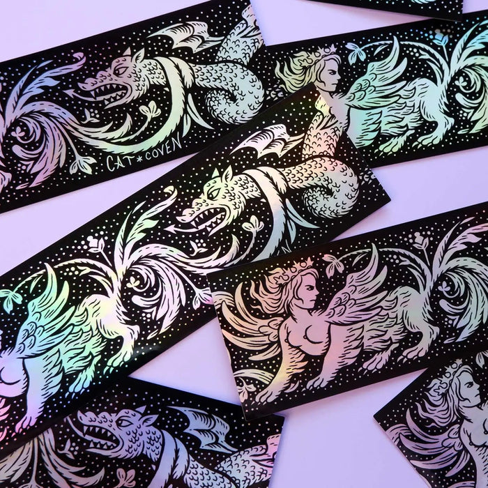 Forager Provisions LTD Cat Coven holographic vinyl stickers featuring a detailed sphinx and dragon fantasy illustration