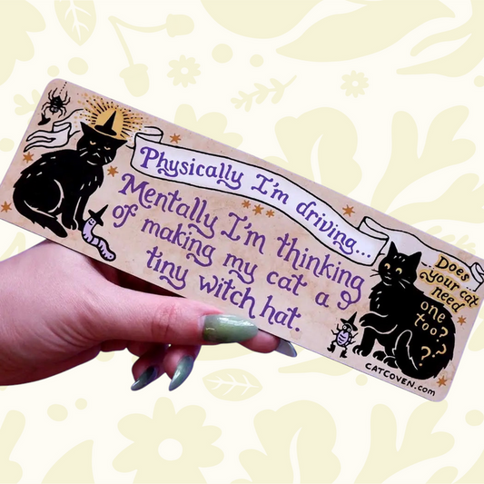 Forager Provisions LTD Cat Coven car magnet featuring black cats, witch hats, and humorous text on a cream background.