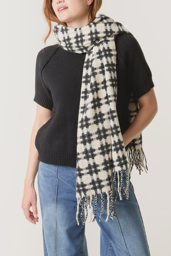 Check Soft Knit Tassel Scarf - Black