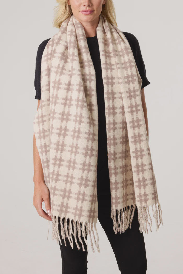 Check Soft Knit Tassel Scarf - Cream