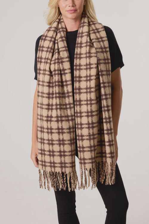 Check Soft Knit Tassel Scarf - Mocha