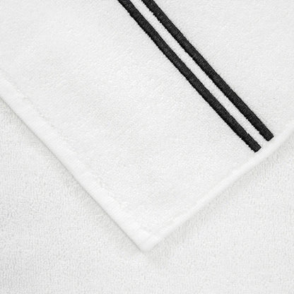 close up of the fabric and details of the white grey classic bath towel
