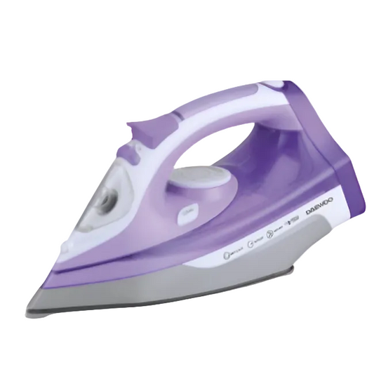 A purple Daewoo electric iron with Tefal soleplate, featuring a steam function button and a water tank opening, on a white background.