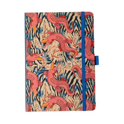 Forager Provisions LTD Denik hardbound notebook with pink alligator print, elastic closure, and pen loop.