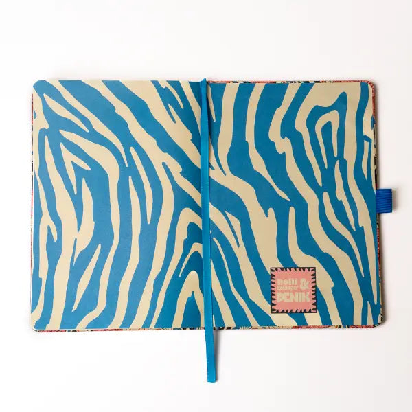 Denik Animal Print Soft Touch Layflat Notebook, zebra stripes, blue ribbon bookmark. Stylish journal for writing.