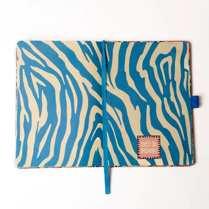 Denik Animal Print Soft Touch Layflat Notebook, zebra stripes, blue ribbon bookmark. Stylish journal for writing.