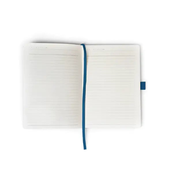 Denik Animal Print Layflat Hardbound Journal with blue ribbon open on white pages, perfect for writing or sketching.