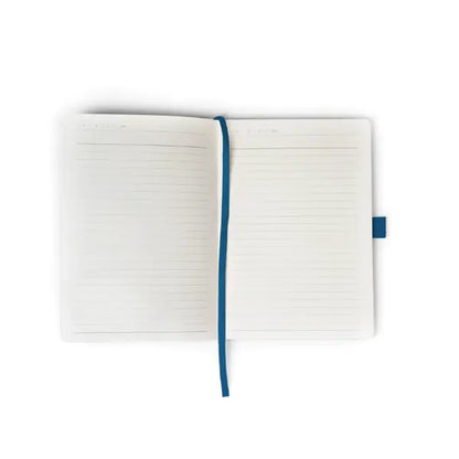 Denik Animal Print Layflat Hardbound Journal with blue ribbon open on white pages, perfect for writing or sketching.
