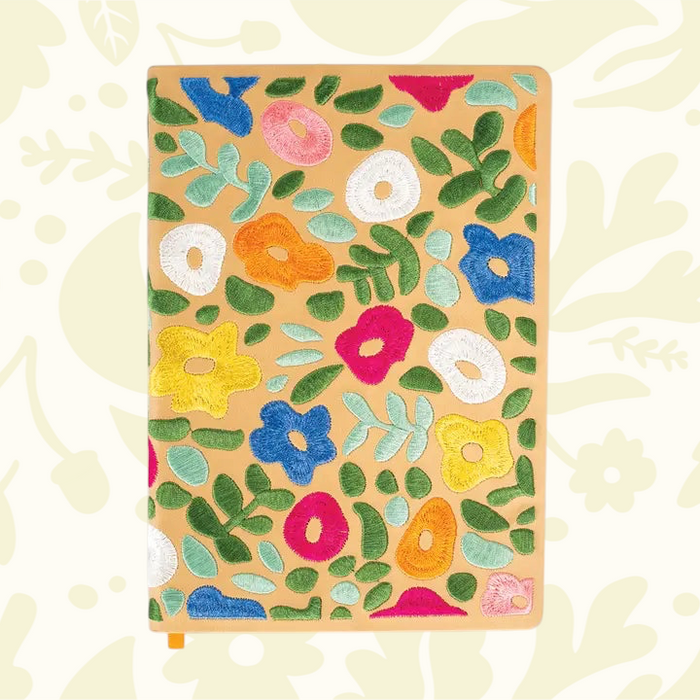 Forager Provisions LTD Denik Spring Garden hardbound journal with colourful floral embroidery on a tan cover