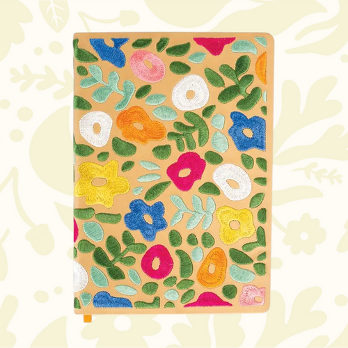 Forager Provisions LTD Denik Spring Garden hardbound journal with colourful floral embroidery on a tan cover