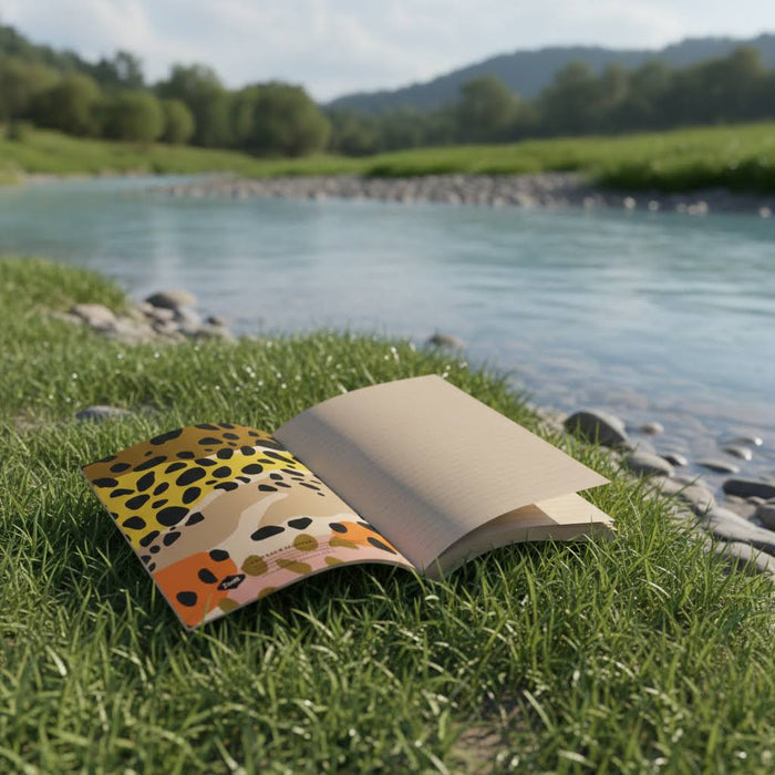 Forager Provisions LTD Denik trout kraft layflat notebook open on grassy riverbank with a scenic nature background.