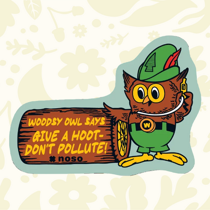 Forager Provisions LTD Woodsy Owl Don't Pollute peel-and-stick repair patch featuring a vintage owl design.