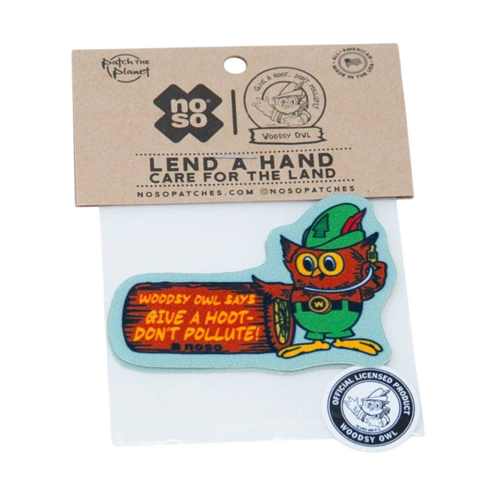 Forager Provisions LTD Woodsy Owl Don't Pollute peel-and-stick repair patch in a branded cardboard display package.