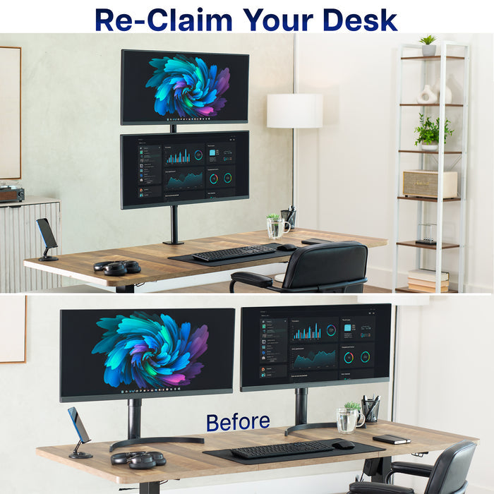 Two images showing a desk setup with multiple monitors and office furniture, with text 'Re-Claim Your Desk' and 'Before' view in contrast with the 'After' view.