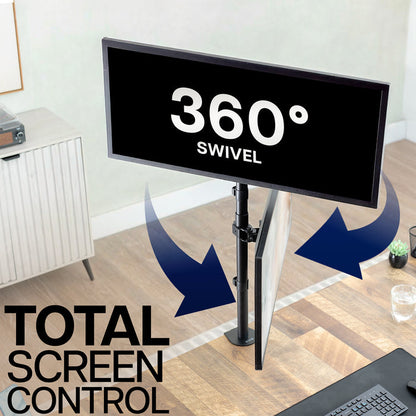 Monitor on a stand with '360° Swivel' text and arrows indicating movement, in a home office setting.