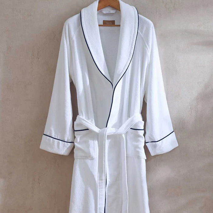 Empire Velour White / Navy Bath robe on a beige background