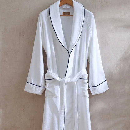 Empire Velour White / Navy Bath robe on a beige background