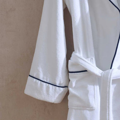 Empire Velour White / Navy Bath robe on a beige background