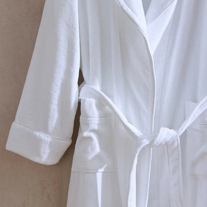 Empire Velour White / White Bath robe with a belt on a beige background